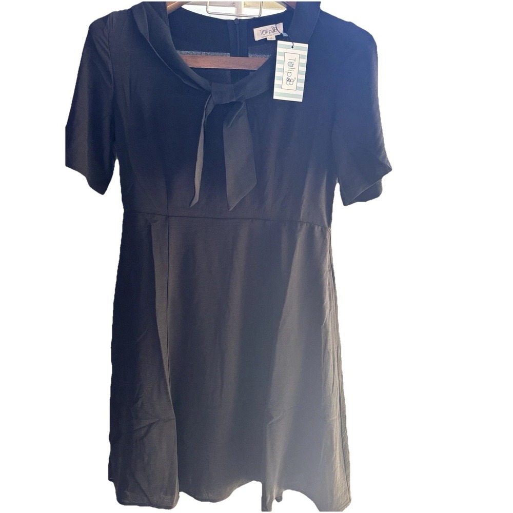 Tulip B Medium Front Tie Black NWT Short Sleeve Pockets Vintage Inspired Pockets